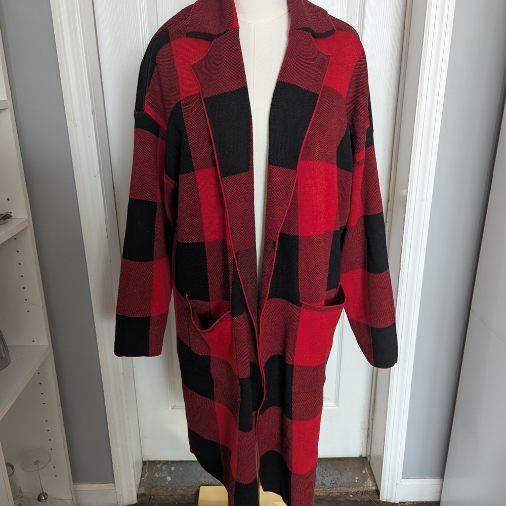Lane Bryant Red and Black Checkered Cardigan